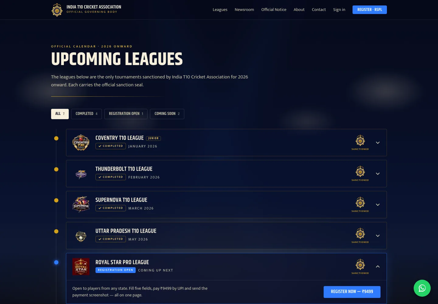 T10CA season calendar page