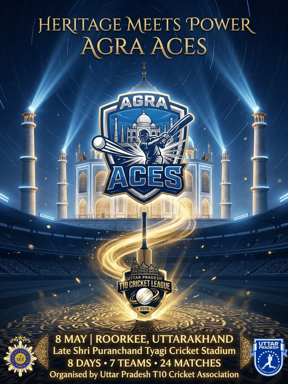 Agra Aces team identity poster — crest set against the city skyline