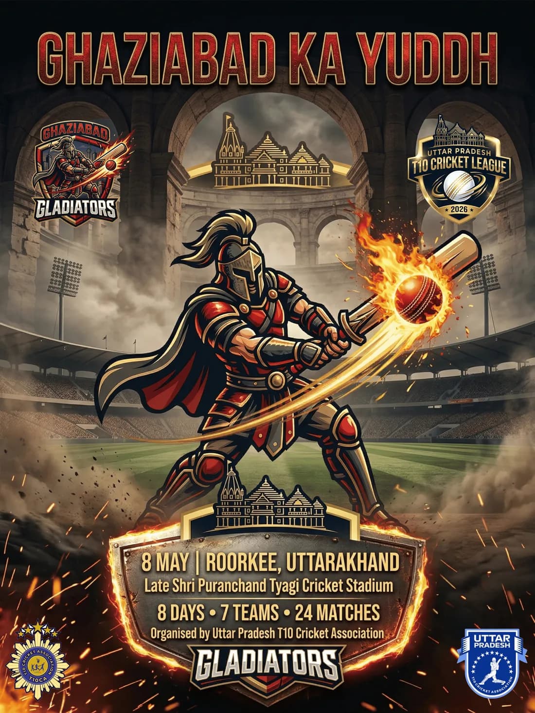 Ghaziabad Gladiators team identity poster — gladiator crest over a stadium backdrop