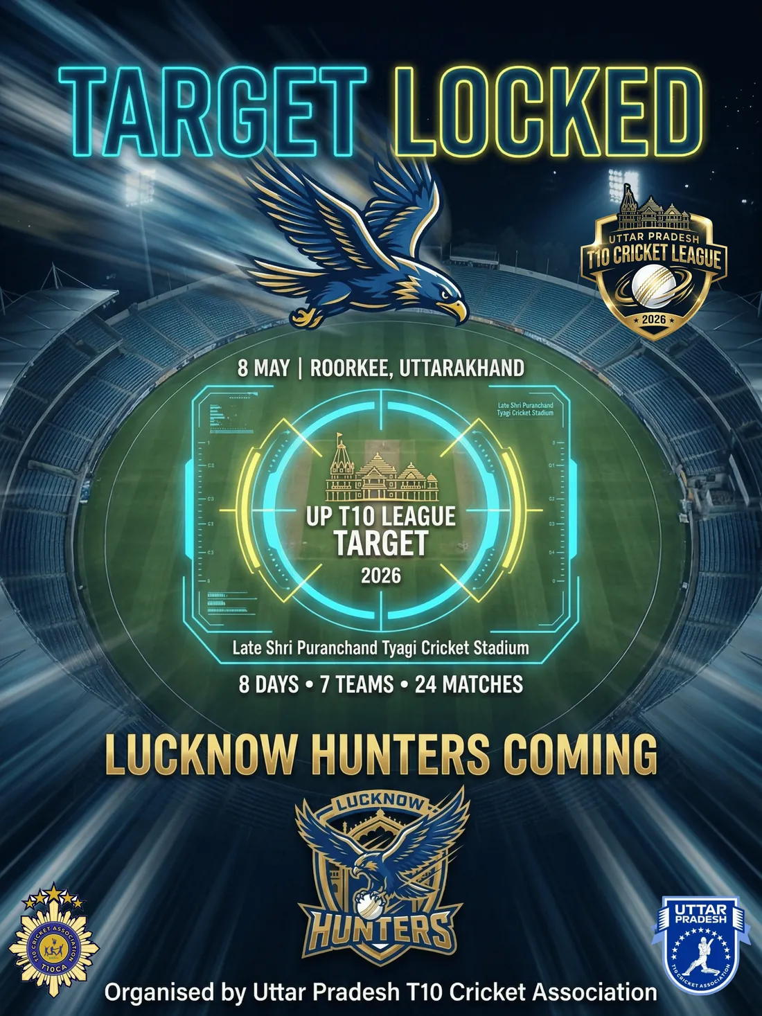 Lucknow Hunters team identity poster — hunter crest in teal and gold