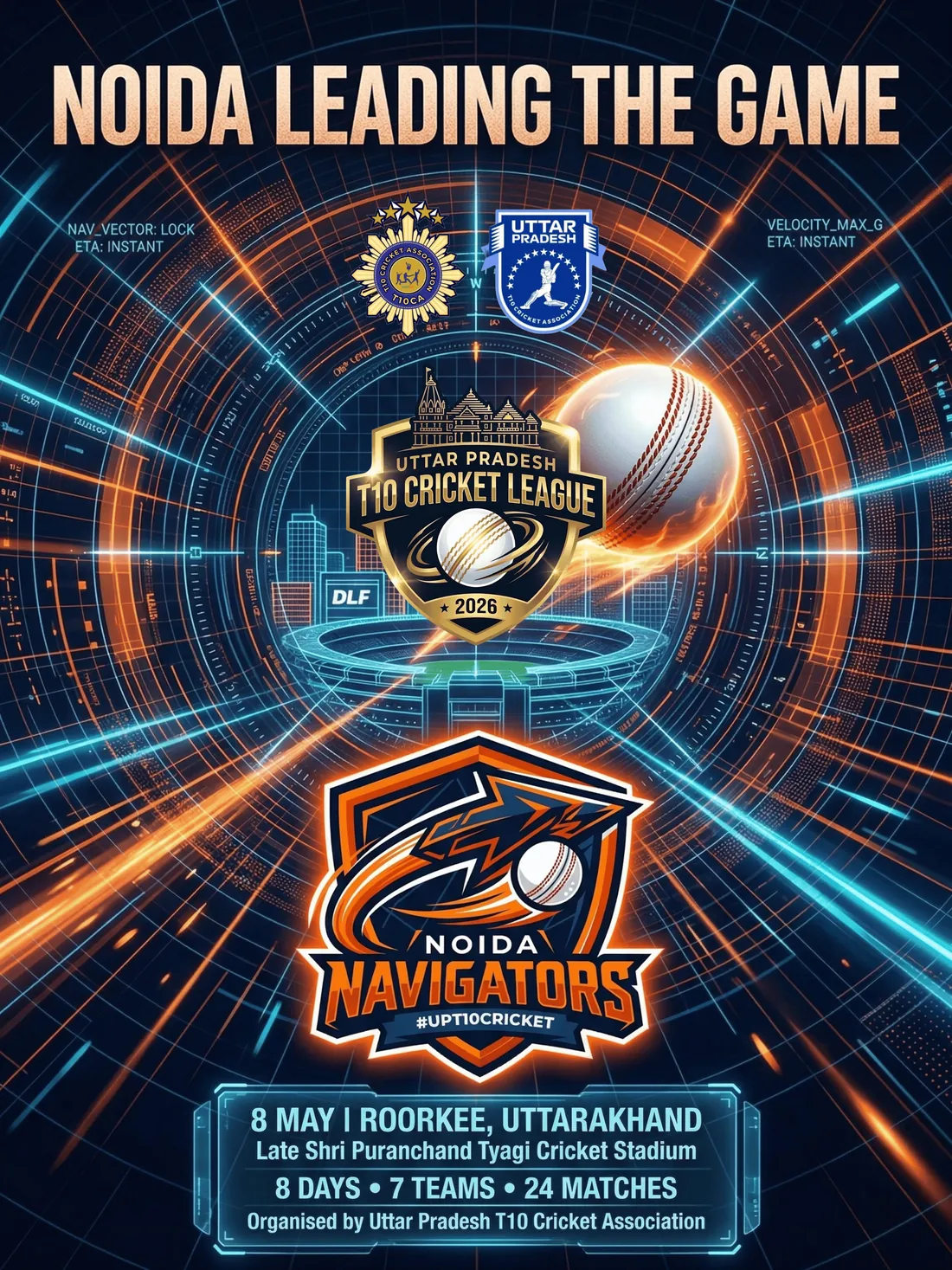 Noida Navigators team identity poster — navigator crest in blue and silver