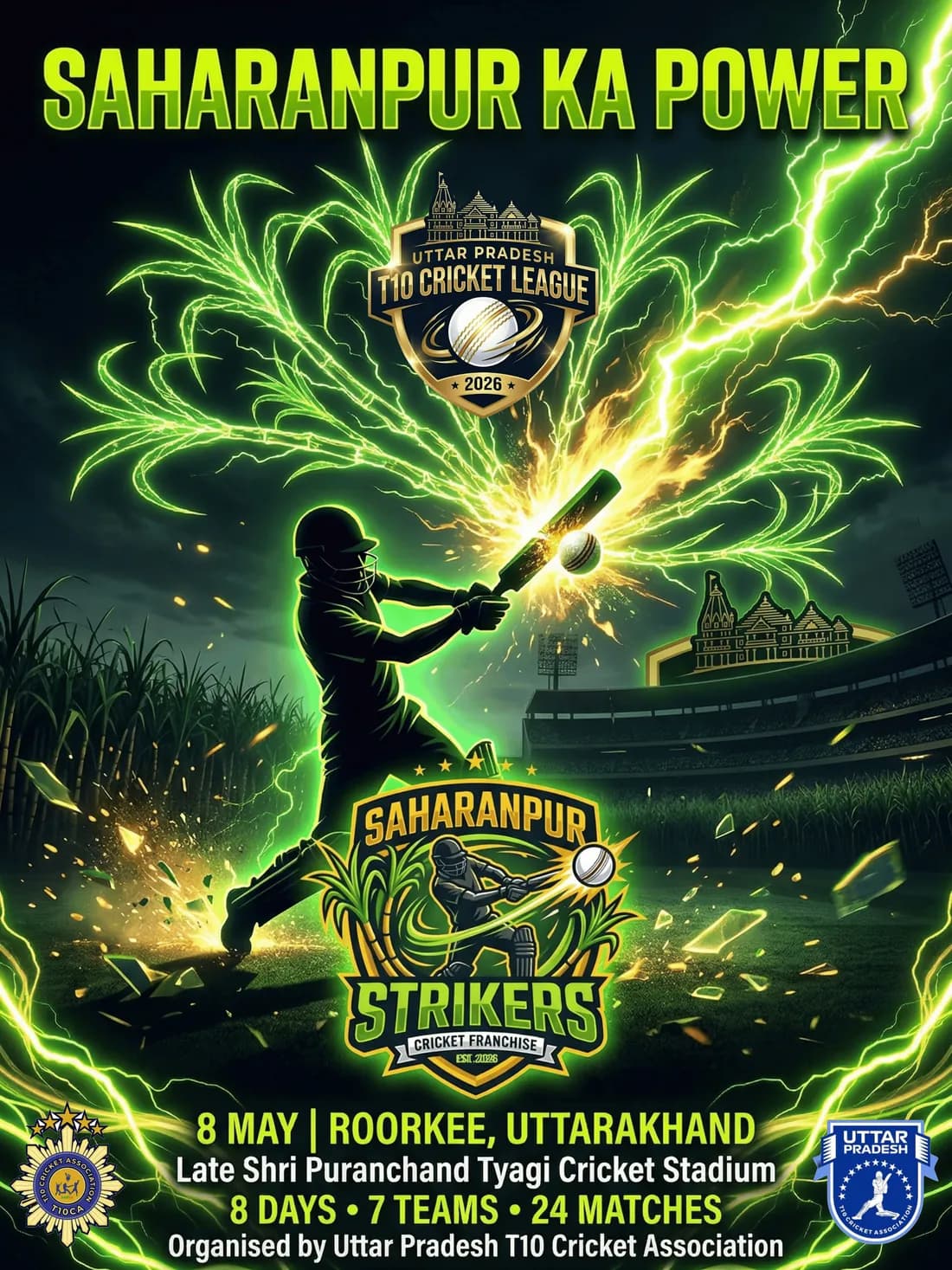 Saharanpur Strikers team identity poster — striker crest in green and gold